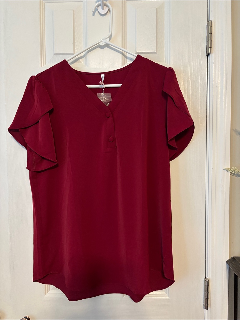 Women's V-Neck Ruffle Sleeve Blouse - Burgundy